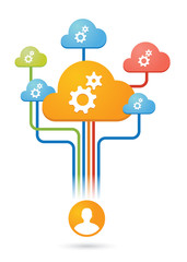 Composition of colored clouds with team work related icons