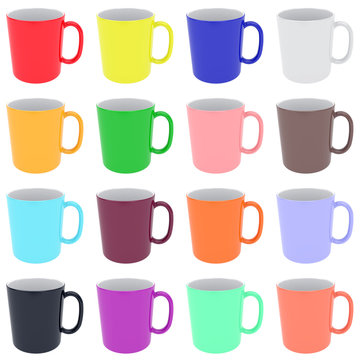 Set of colorful ceramic cups isolated on white