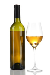 Wine bottle and wineglass with white wine, isolated on white