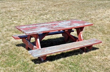 Empty picnic table on grass