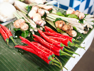 Fresh chili detail of ingredients for Thai soup, Tom Yum Goong.