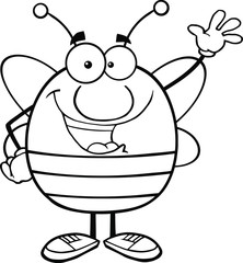 Black And White Pudgy Bee Cartoon Character Waving For Greeting