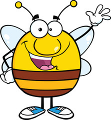 Happy Pudgy Bee Cartoon Mascot Character Waving For Greeting