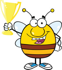 Pudgy Bee Cartoon Character Holding Golden Trophy Cup
