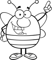 Black And White Pudgy Bee Cartoon Character Pointing With Finger