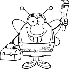 Black And White Pudgy Bee Plumber With Wrench And Tool Box