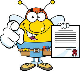 Pudgy Bee Worker Pointing With Finger And Holding A Contract