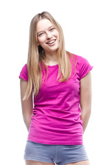 Fototapeta premium Young beautiful woman wearing pink t-shirt