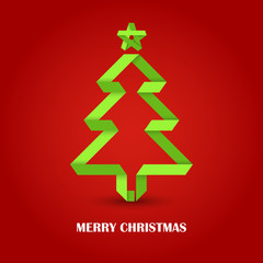 Folded paper Christmas green tree on a red background