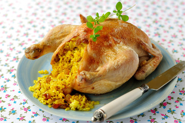 Whole Roast Chicken Stuffed with Curried Rice and Sultanas