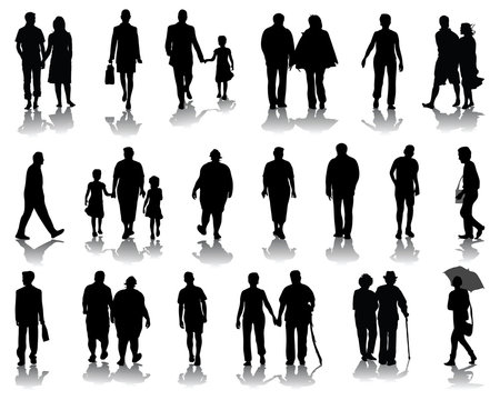 Silhouettes of families walking, vector illustration