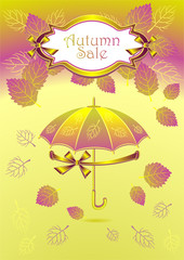Fototapeta na wymiar Autumn background with label bows ribbons leaves umbrella