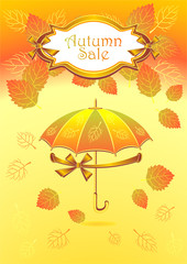 Autumn background with label bows ribbons leaves umbrella