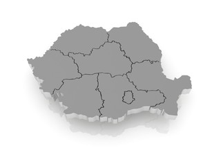 Three-dimensional map of Romania.