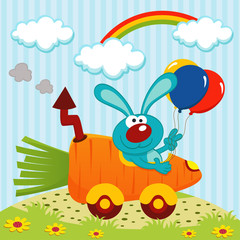 rabbit by car from carrots - vector illustration