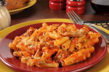 Rigatoni and meatballs closeup