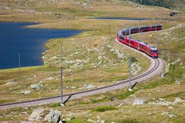 From Tirano part of the red train of Bernina leading in Switzerl