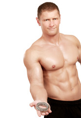 Fototapeta premium Man use measurement tape , isolated on white background