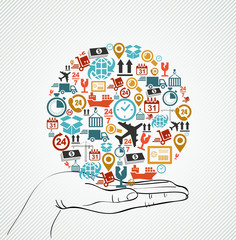 Human hand global colorful shipping icons composition.