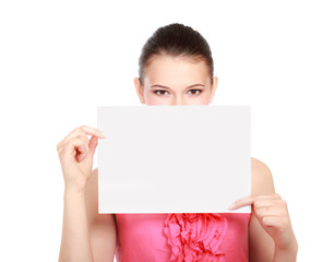 A smiling woman with a blank, isolated on white background