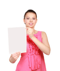A smiling woman with a blank, isolated on white background