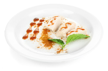 Boiled chicken meat with paprika and sauce, isolated on white