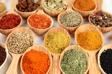 Assortment of spices in wooden spoons