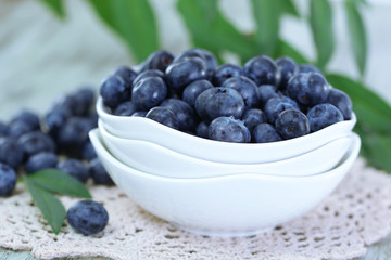 Blueberries in plates on napkin on wooden background