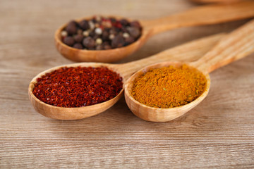 Assortment of spices in wooden spoons on wooden background