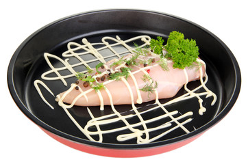 Raw chicken fillets on dripping pan, isolated on white