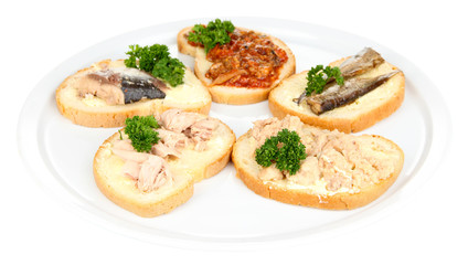 Fototapeta na wymiar Tasty sandwiches with tuna and cod liver sardines different