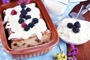 Cheese casserole with raisins in pan