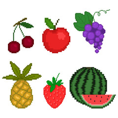 Set fruit in pixel art style on a white background
