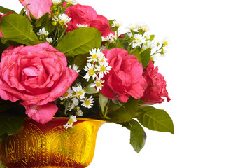 Vase of colorful flowers on a white background