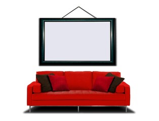 Red sofa with picture frame over white