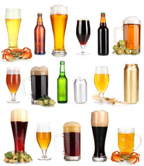 Lots of beer in different containers isolated on white
