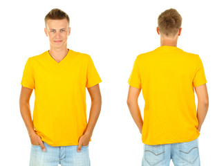 T-shirt on young man in front and behind isolated on white