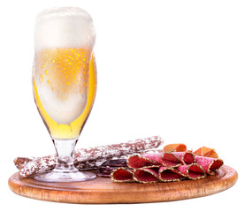 various types of sausages and beer