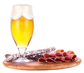 various types of sausages and beer