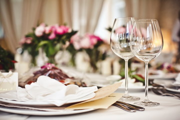 Empty glasses set in restaurant