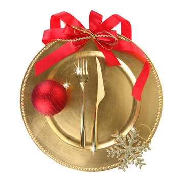 Golden Christmas Plate Isolated On White Background