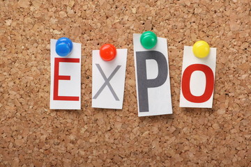 The word Expo on a cork notice board