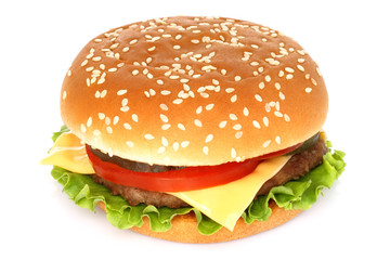 Big hamburger on white background .