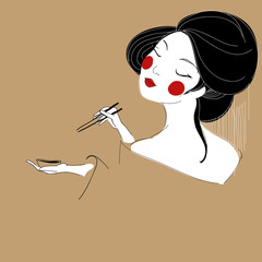 Vector illustration of beautiful Asian girl with sushi - 55655326