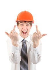 Teenager in Hard Hat shows Middle Fingers