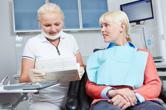 Zahnärztin liest Krankenakte neben Patientin