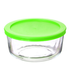 glass food container with green plastic lid isolated
