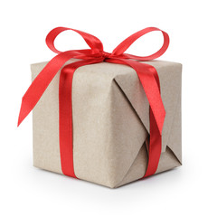 small gift box wraped in recycled paper with ribbon bow