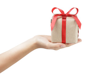 small gift box with ribbon bow in female hand