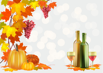 Autumn , postcard .Ripe grapes, wine glass and bottle wine .